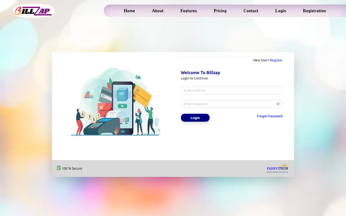 The BillZap login screen