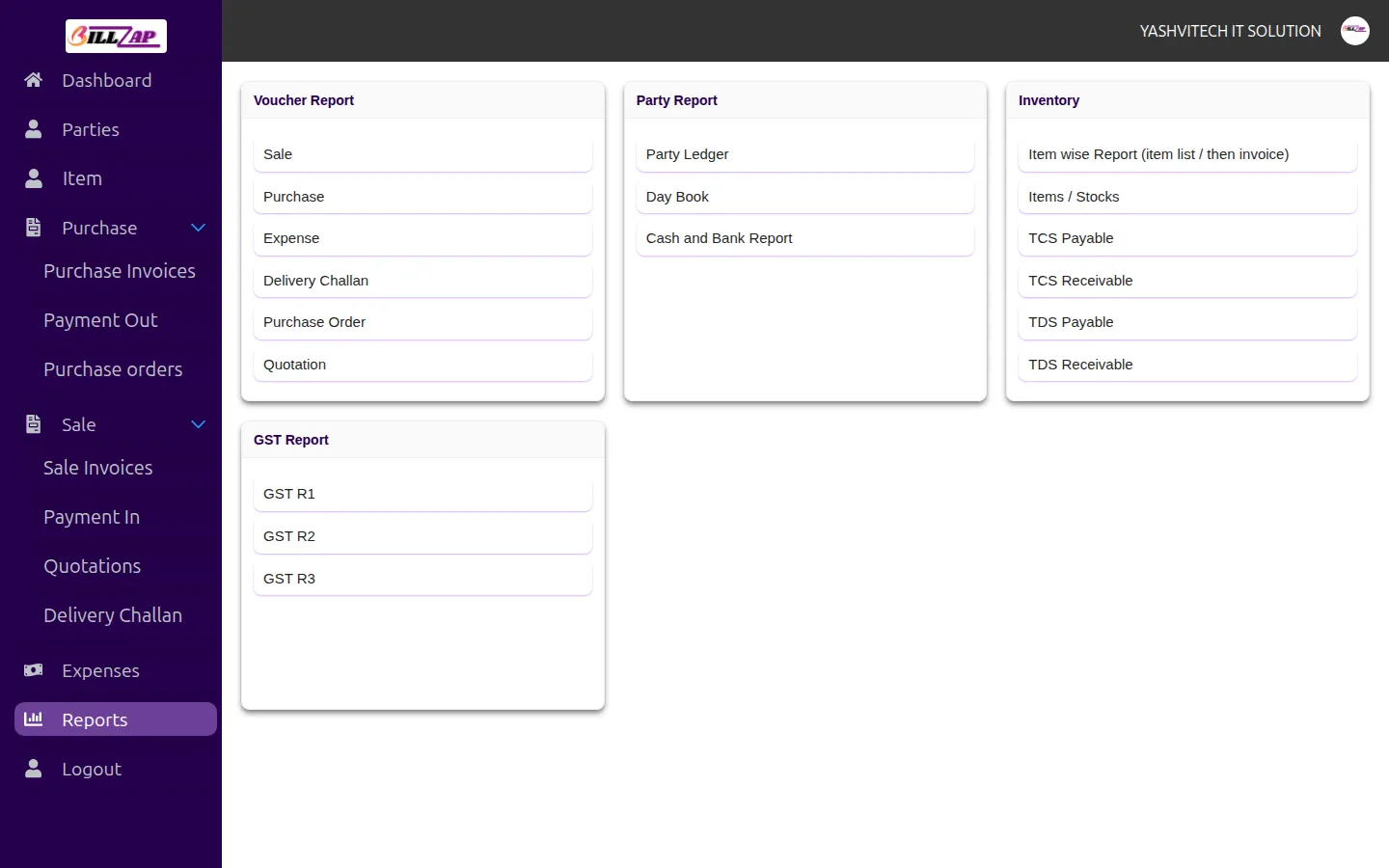 The BillZap reports section, listing voucher, party, inventory and GST reports