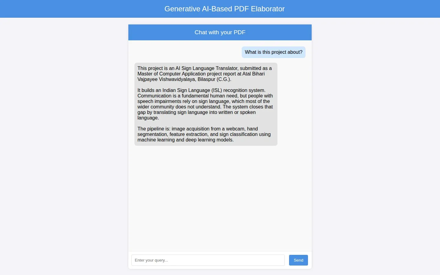 The chat screen answering what the uploaded project report is about