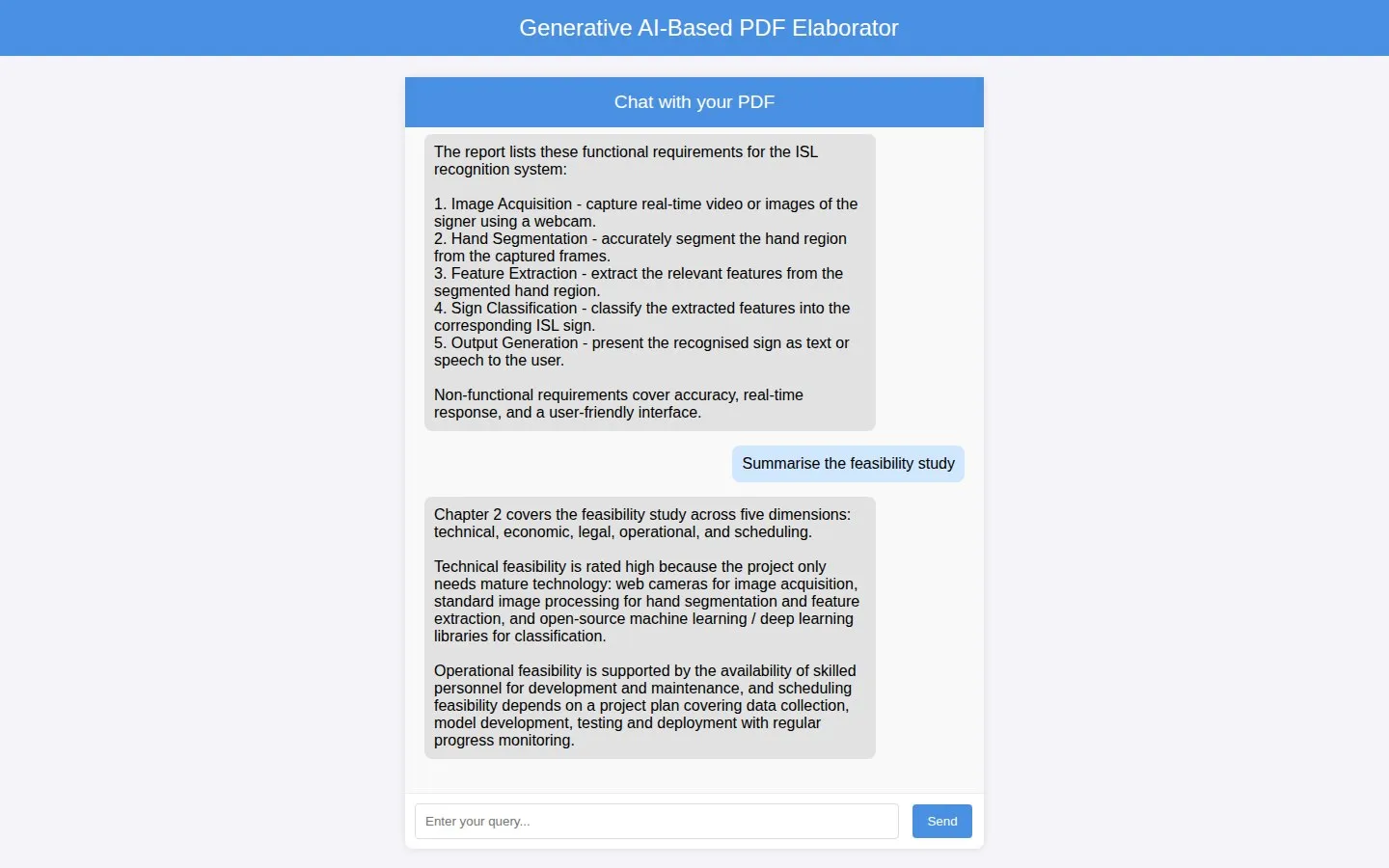 The chat screen listing functional requirements and summarising the feasibility study from the report