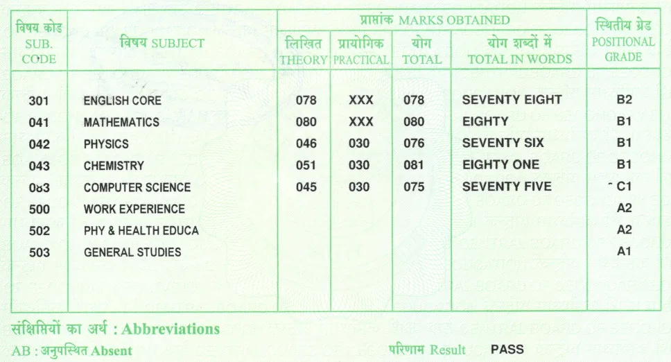 My class 12 marksheet, 78 percent
