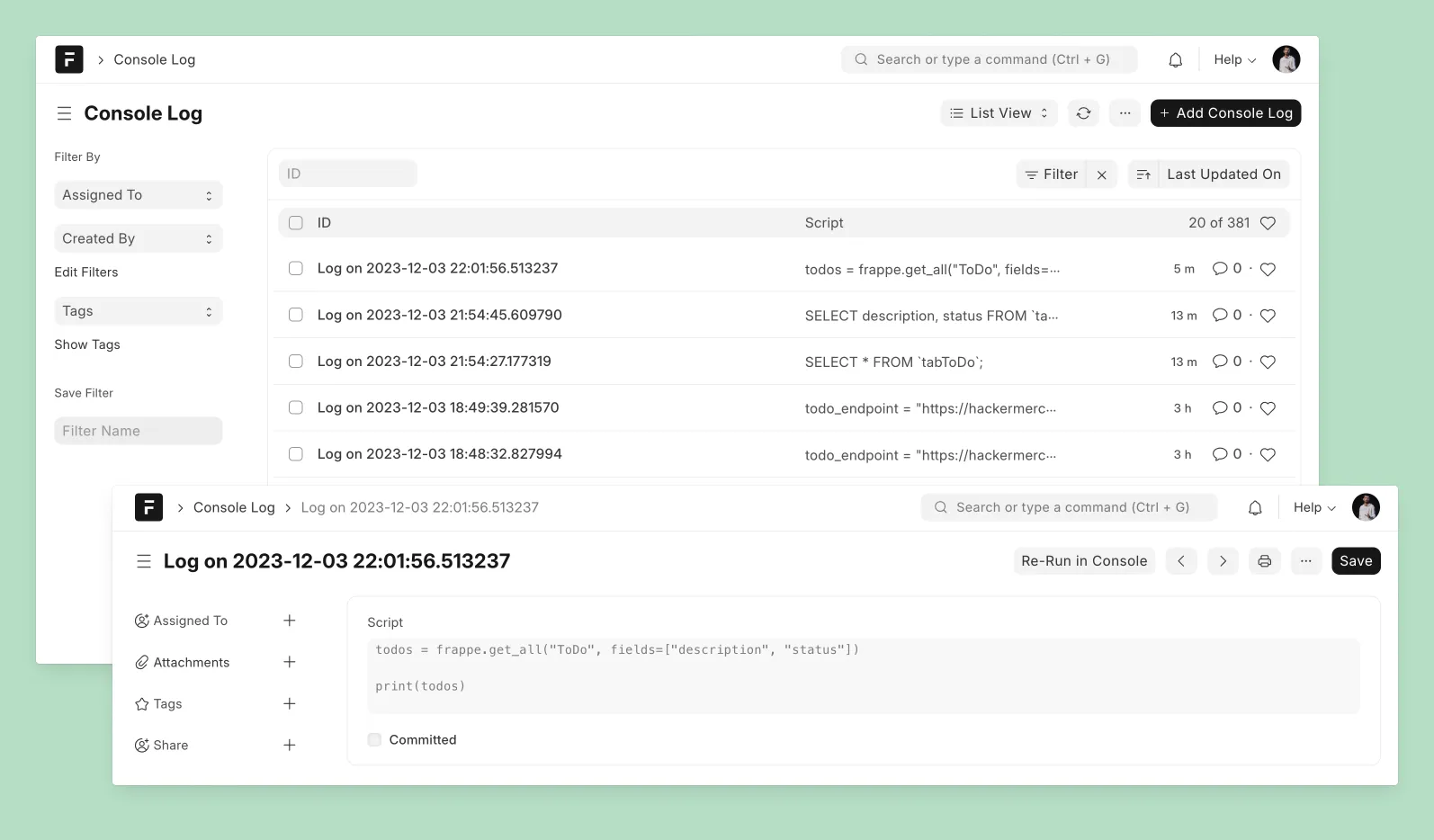 Console Log feature of System Console