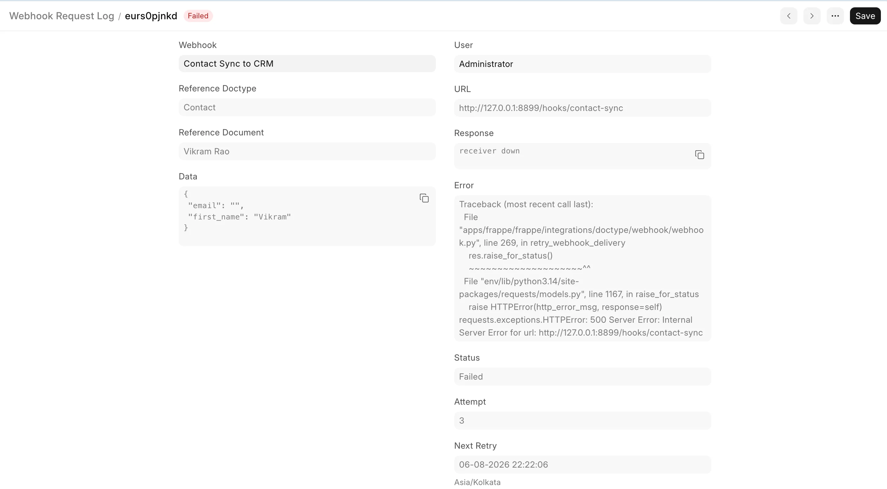 A Webhook Request Log row mid-flight, showing status Failed, attempt 3, a scheduled next retry, and the stored request payload