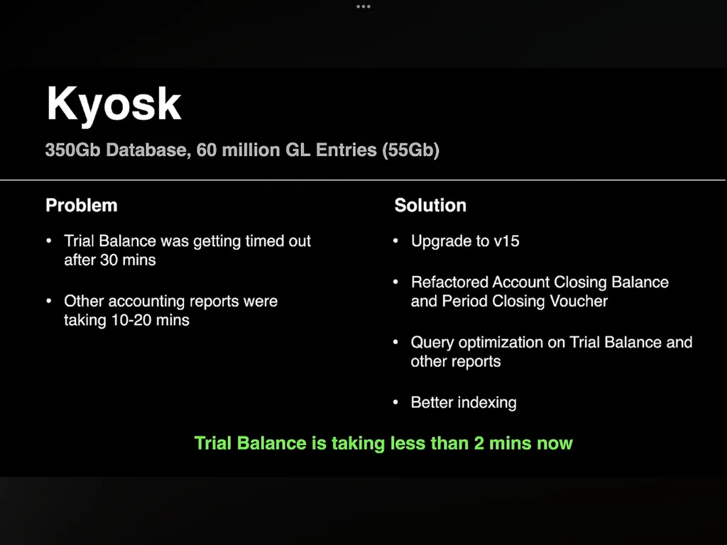 Slide displaying scale of Kyosk’s ERPNext instance