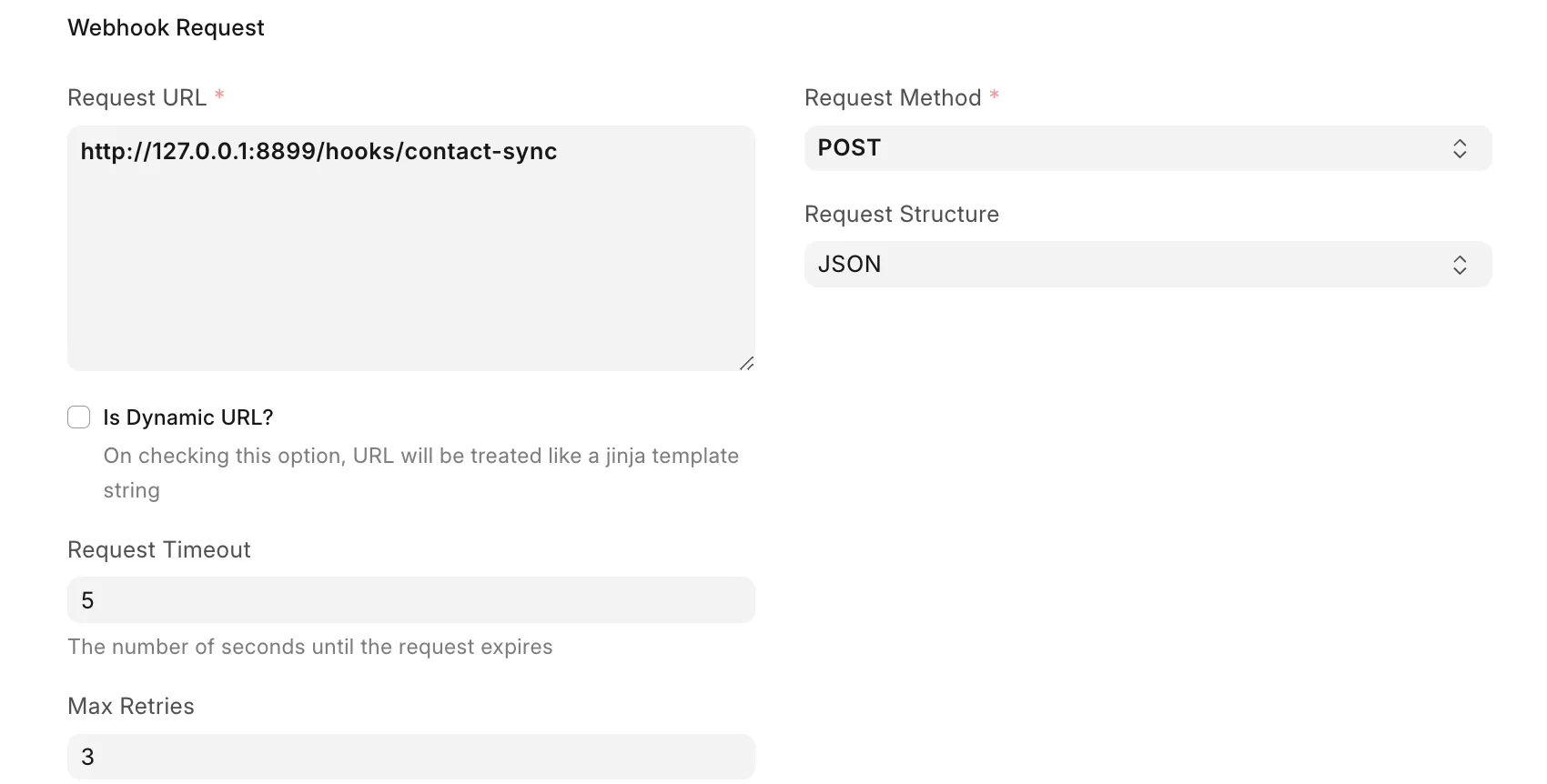The Webhook Request section in desk, showing the Max Retries field set to 3