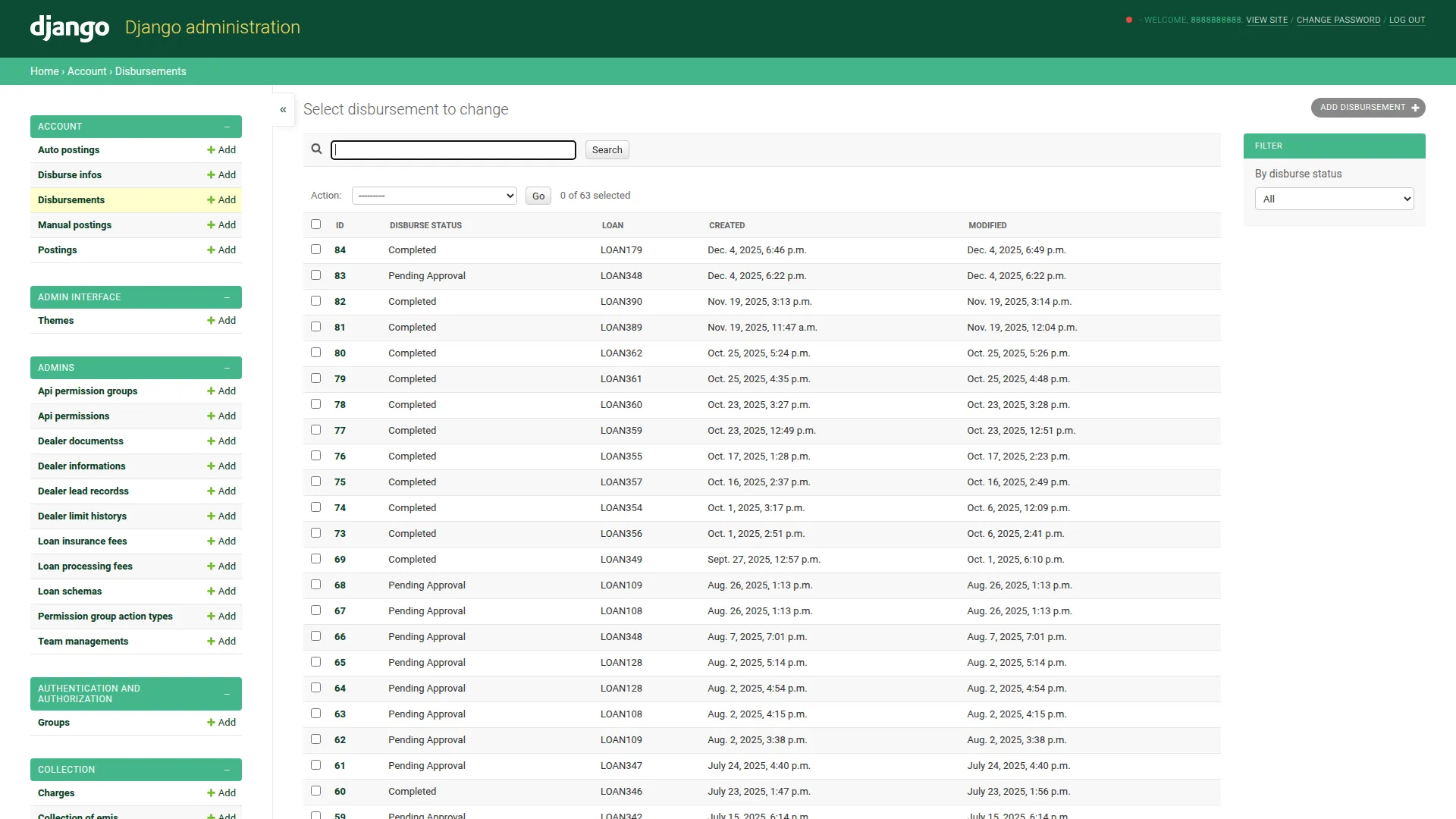 The Orrish Django admin, showing the disbursement records list with loan IDs and statuses