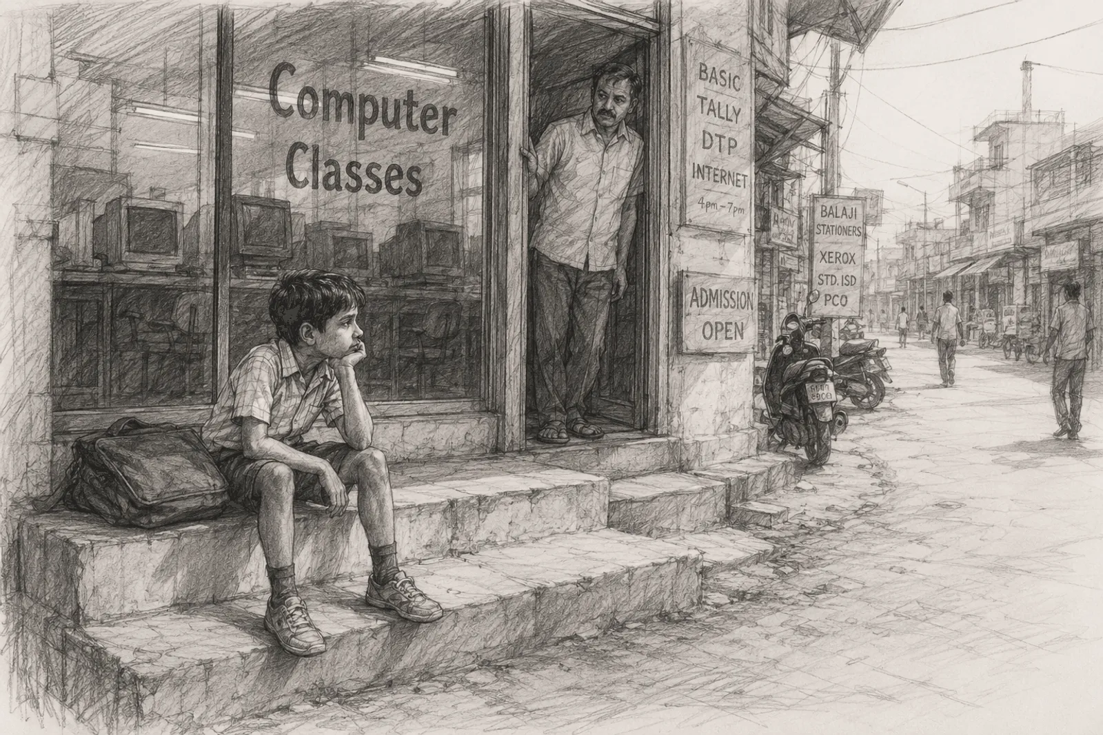 Me as a kid, sitting on the steps outside the computer coaching class