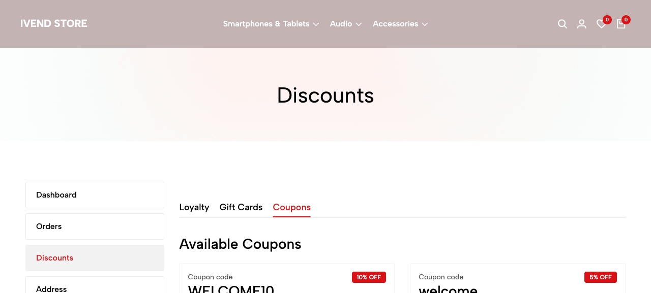 Storefront Discounts page — Loyalty / Gift Cards / Coupons