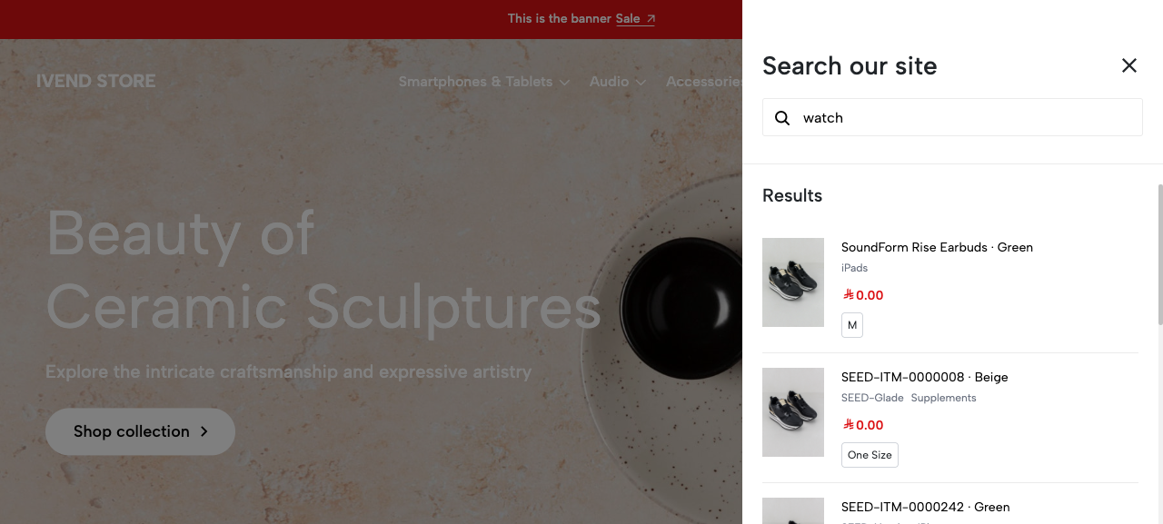 Storefront search drawer with results