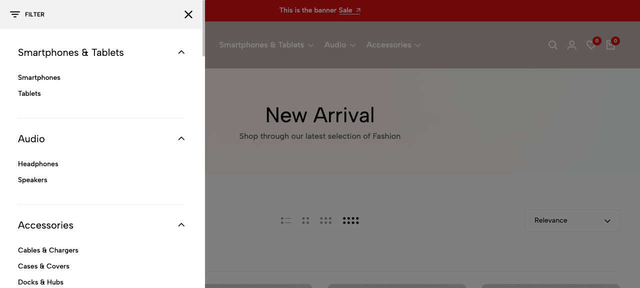 Filter drawer (category navigation) over a search-results listing, with the Relevance sort control
