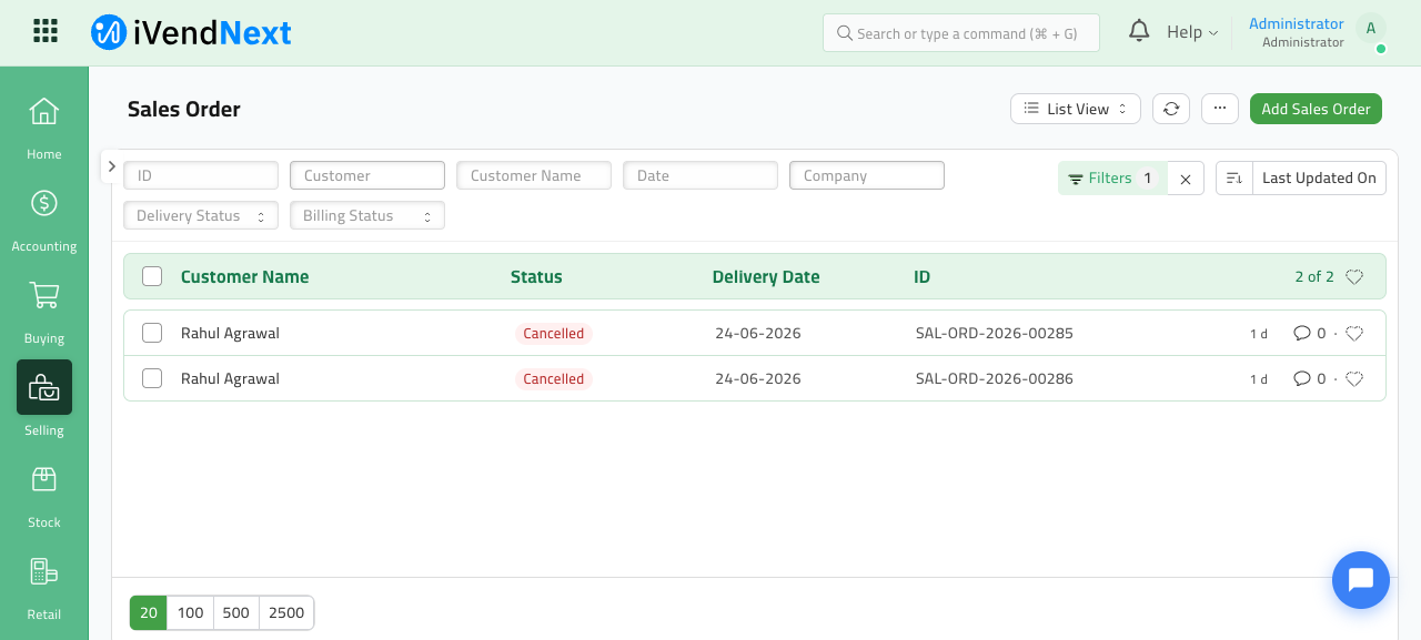 Sales Order list filtered to Cancelled