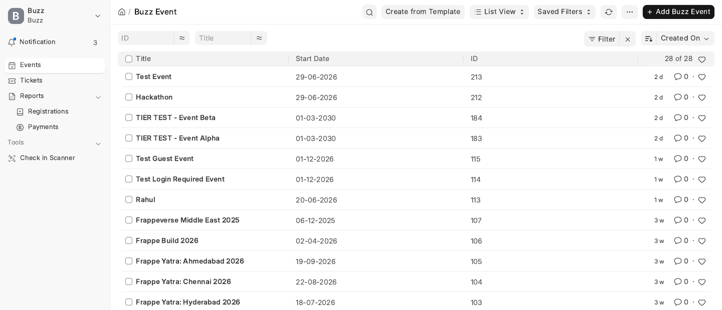 Buzz Event list view