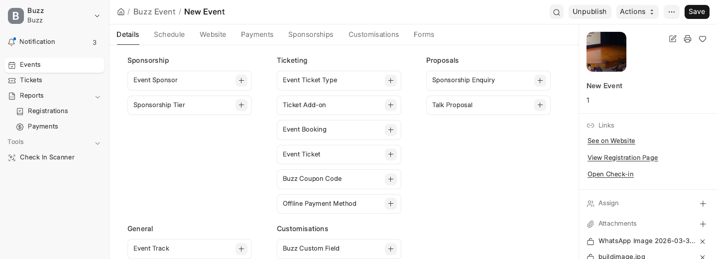 Buzz Event form toolbar showing Publish button and web links