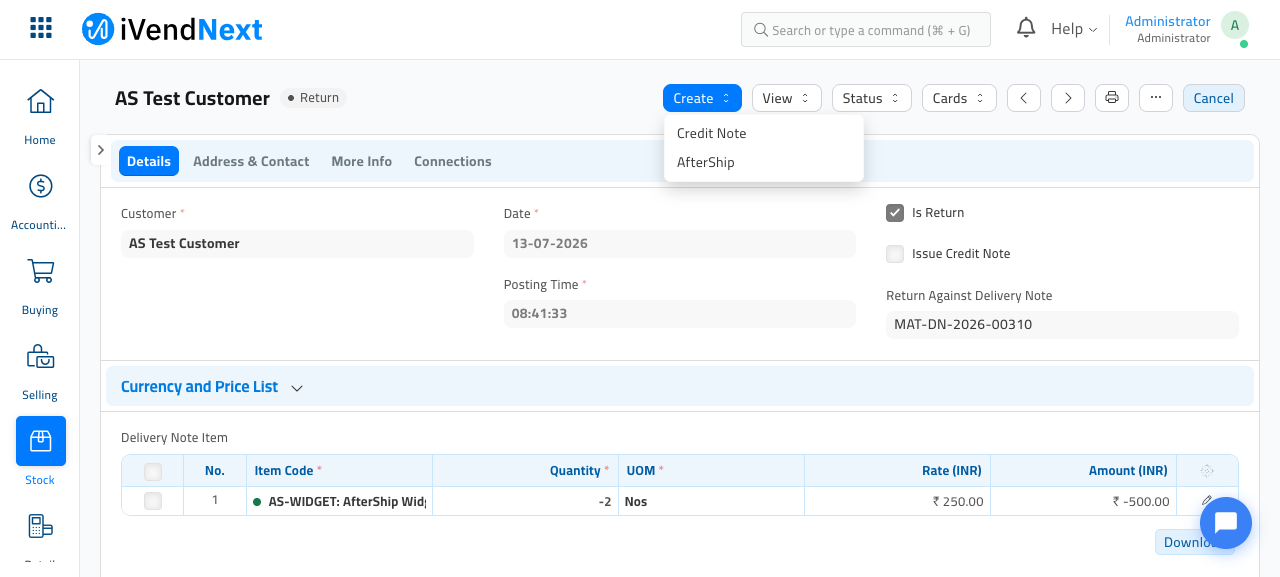 A submitted return note with the Create menu open, showing the AfterShip option
