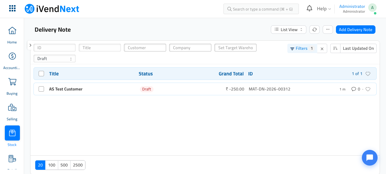Delivery Note list filtered to returns in draft — a pending return request with its negative total