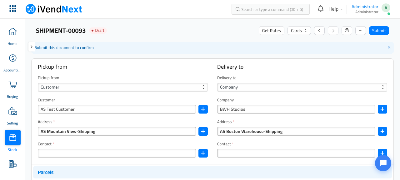 The draft return Shipment — pickup from the customer, delivery to the store, with Get Rates and Submit at the top
