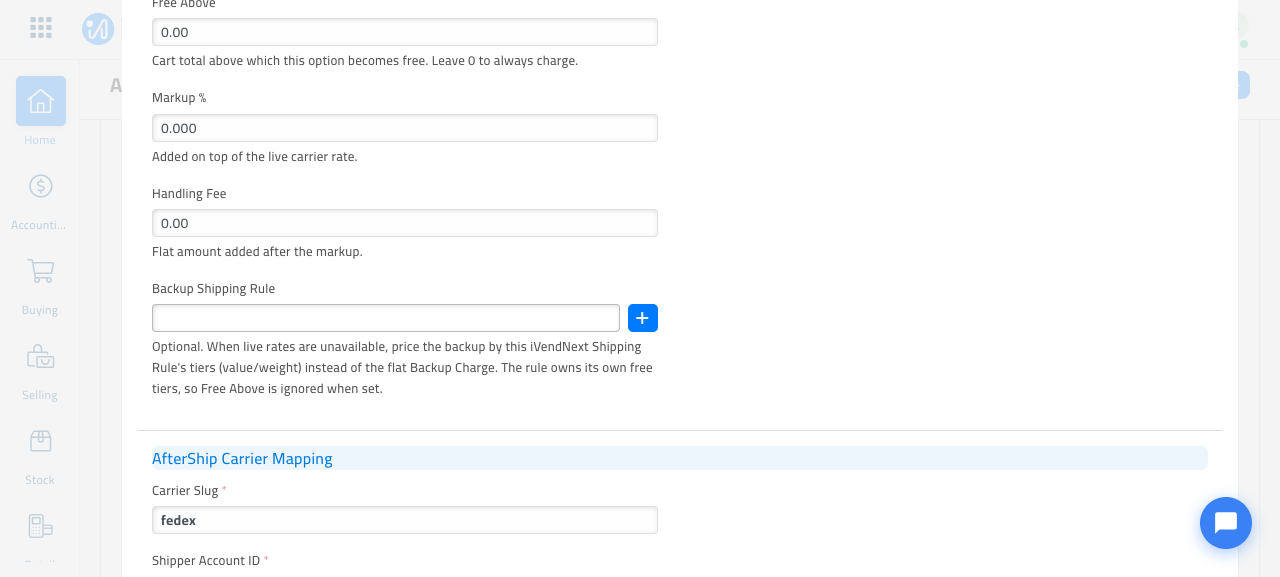 The expanded delivery-option row showing the optional Backup Shipping Rule field, which sits below Handling Fee and above the AfterShip Carrier Mapping section