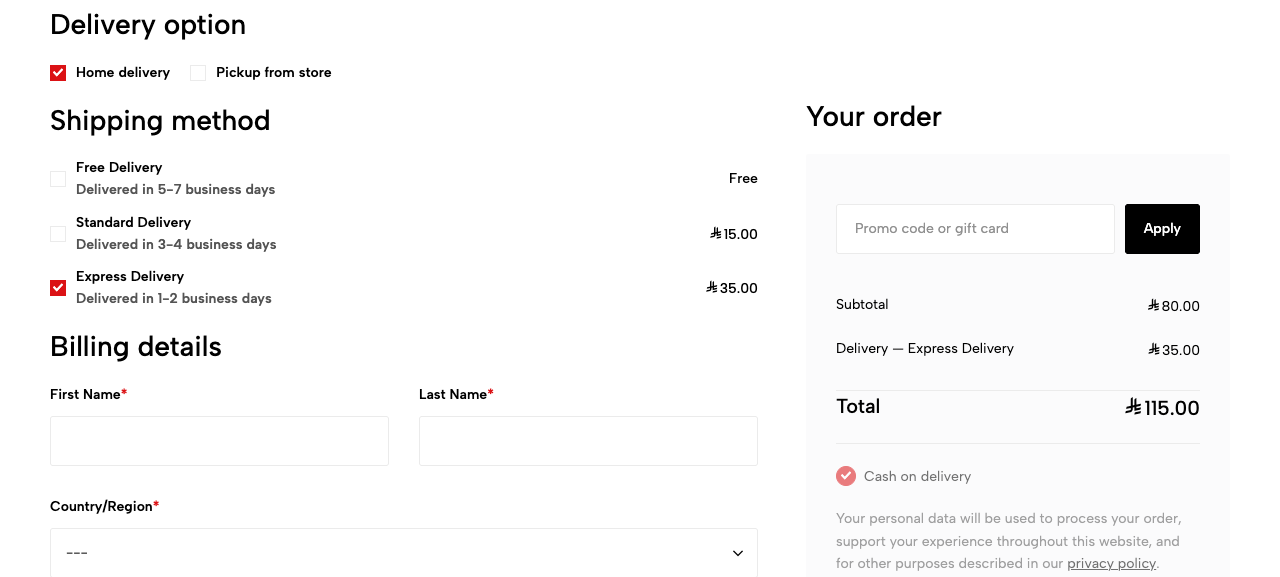 Express Delivery selected — the summary shows the fee and the new total; the 35.00 shown is the option's backup price and the demo cart already had a saved delivery address, live prices vary by address