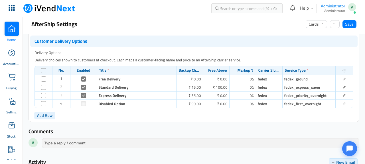 Customer Delivery Options table in AfterShip Settings with example rows — note the Backup Charge and Markup % columns; the unchecked Disabled Option row shows an option switched off via the Enabled column