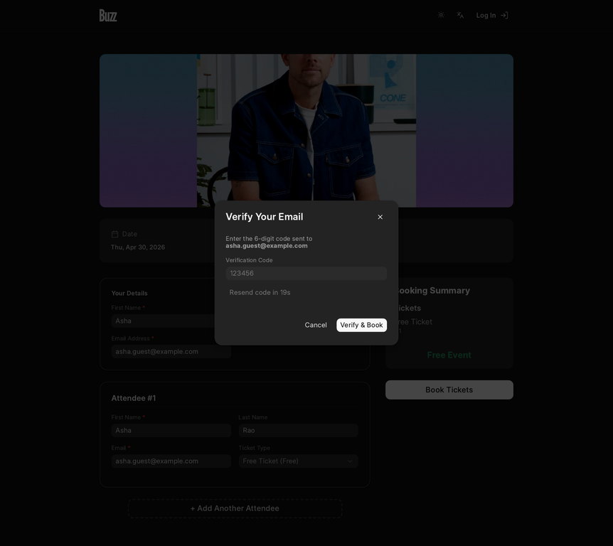 Email verification dialog during guest booking