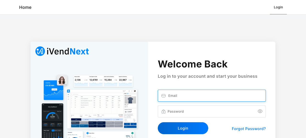 The iVendNext Welcome Back login screen, with an Email box, a Password box, and a blue Login button
