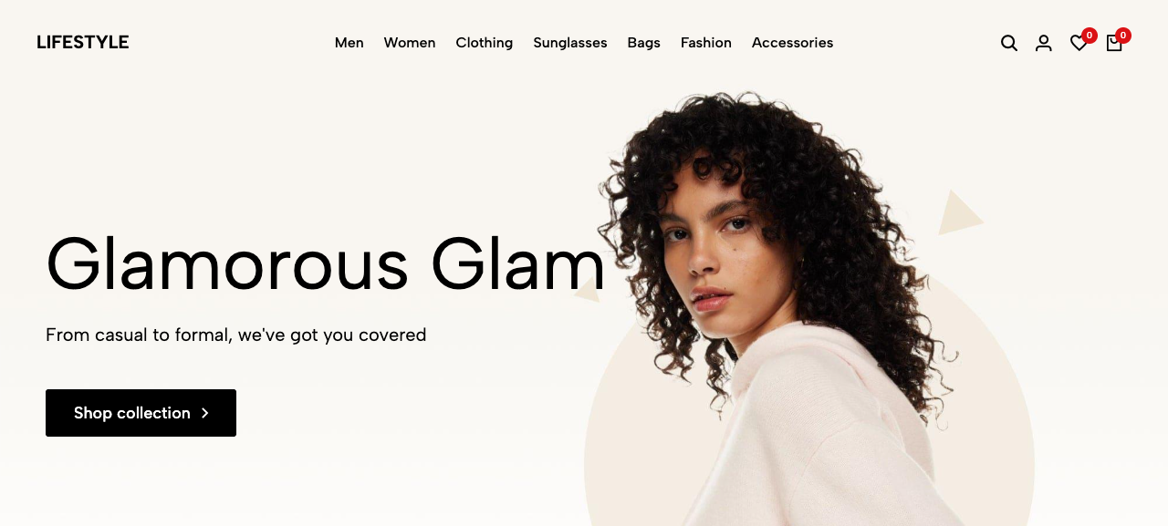 The public storefront homepage at /en, showing the shop's branding, a top navigation menu, and a hero banner with a 