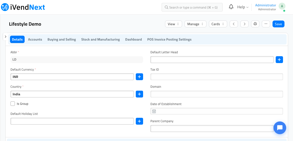 Company Details tab showing the company name 