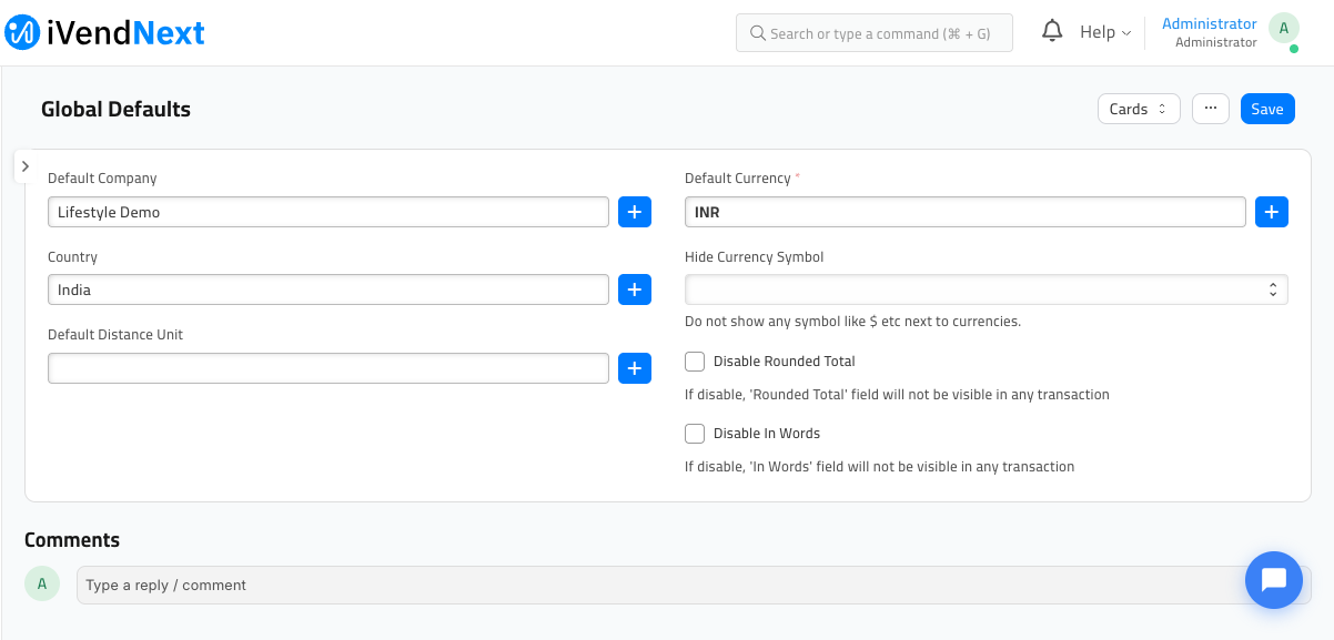 Global Defaults page with Default Company set to Lifestyle Demo, Country India, and Default Currency INR