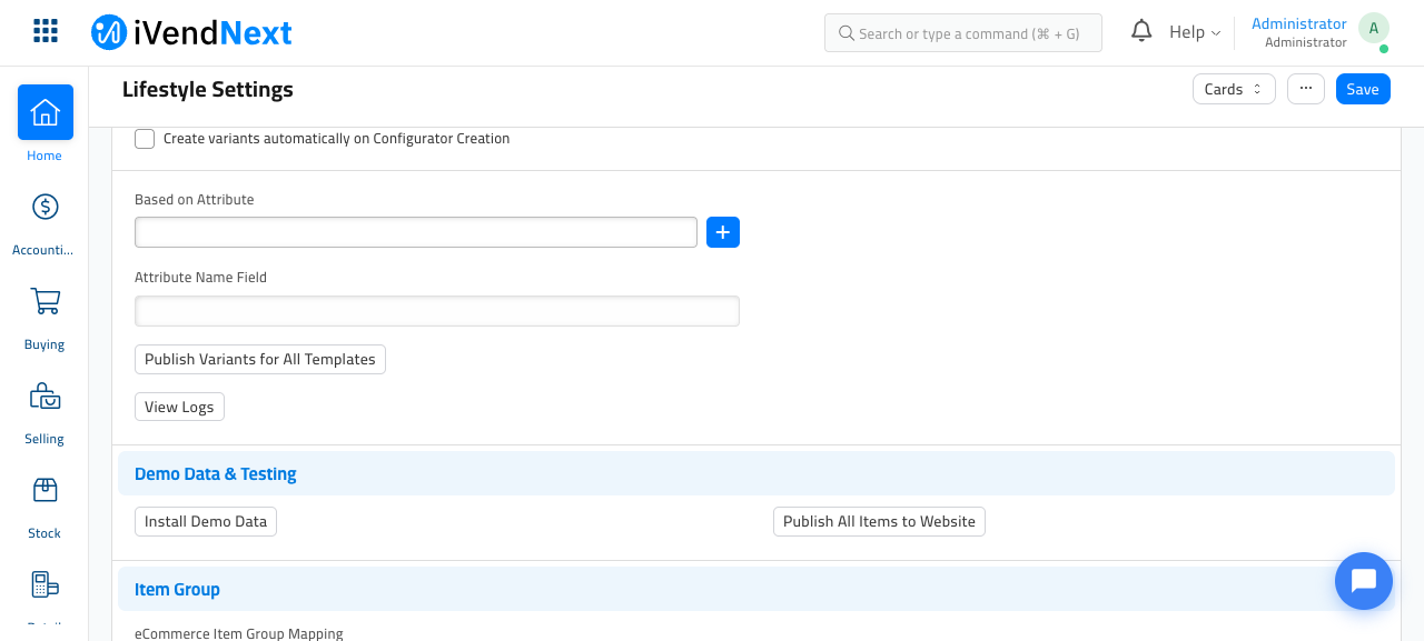 The Bulk Actions / Import tab showing the Demo Data & Testing section with the Install Demo Data and Publish All Items to Website buttons