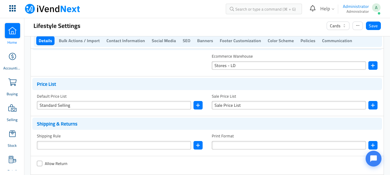 The Details tab scrolled down, showing the Ecommerce Warehouse field, the Price List section with Default Price List and Sale Price List, and the Shipping & Returns section with the Shipping Rule field