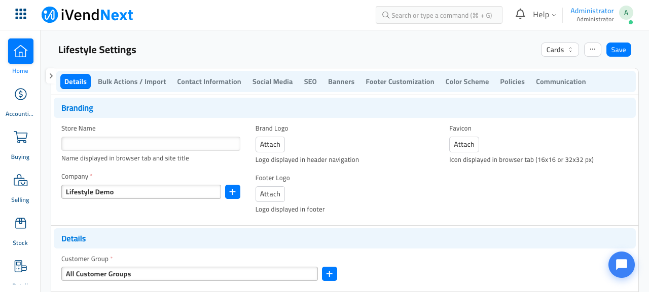 The Lifestyle Settings page open on the Details tab, showing the tab bar across the top and the Branding section with Store Name, Brand Logo, Favicon, Company and Footer Logo