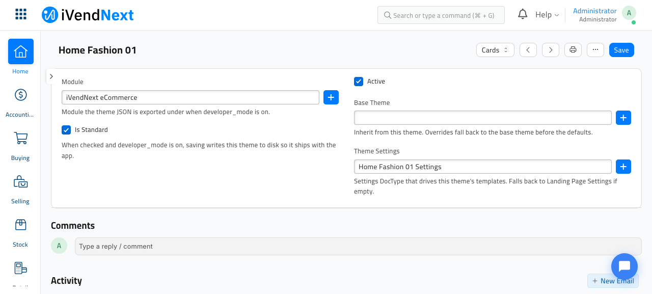 The Home Fashion 01 theme record with the Active checkbox ticked, alongside the Base Theme and Theme Settings fields