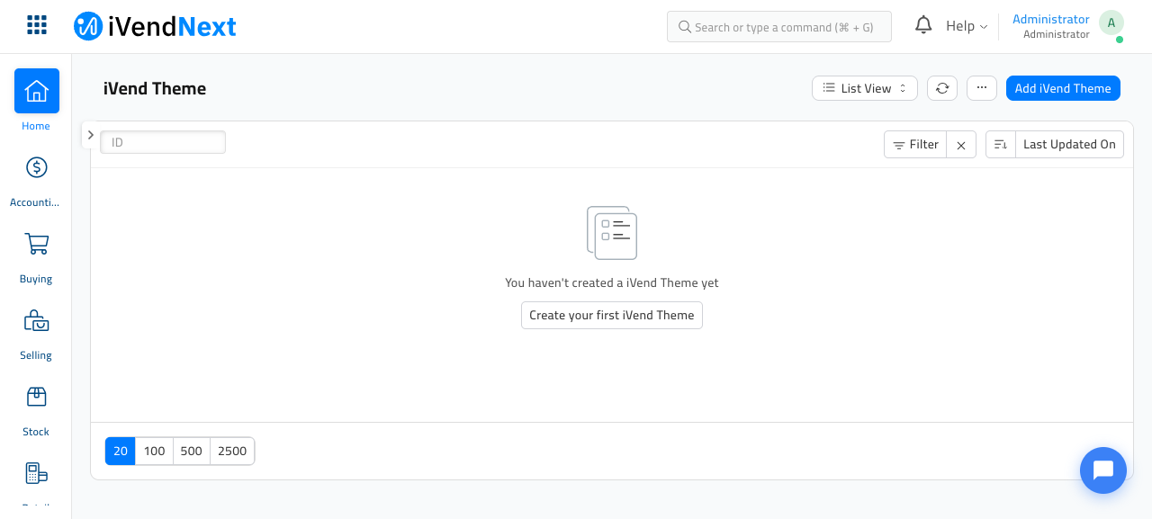 The iVend Theme list on a brand-new site, empty, showing 