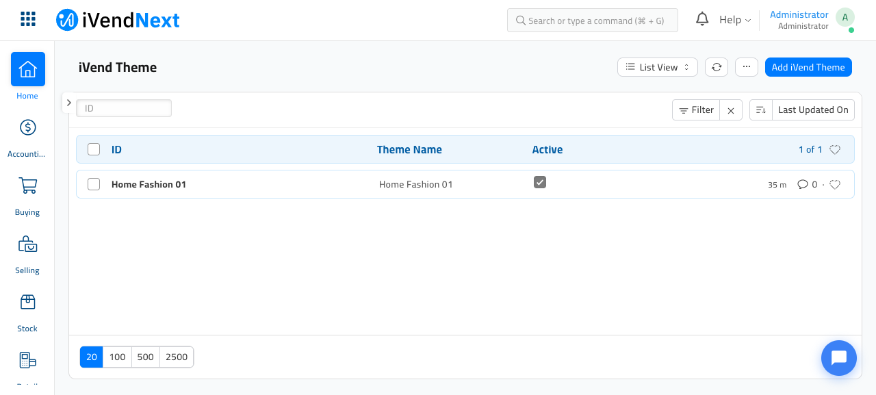 The iVend Theme list view showing one theme, Home Fashion 01, with a tick in the Active column