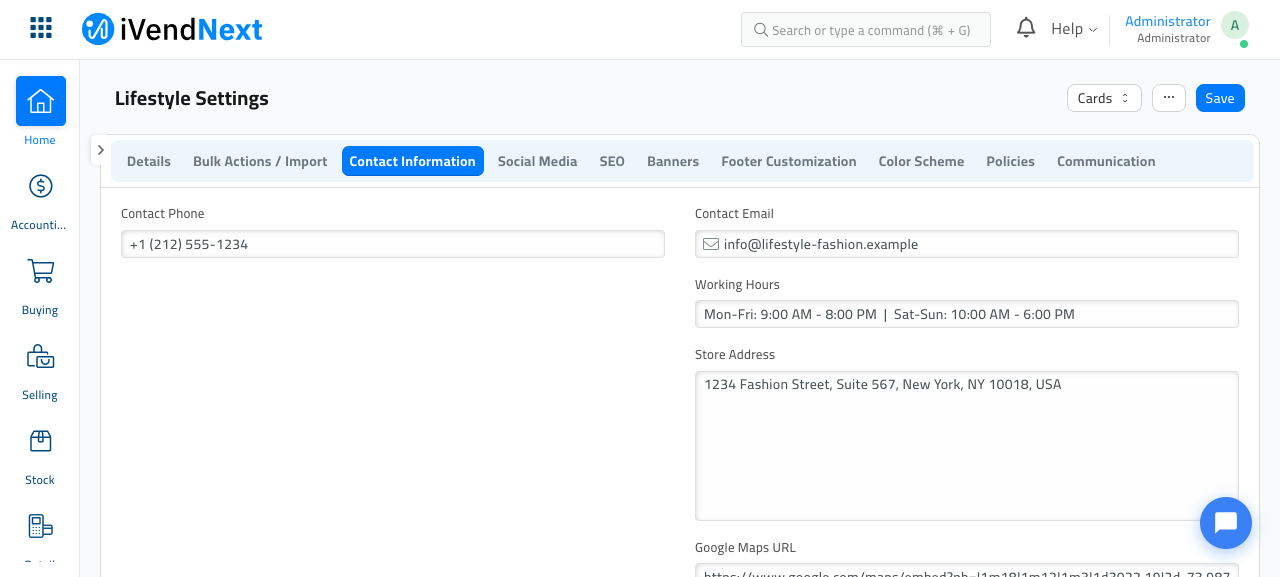 The Contact Information tab showing Contact Phone, Contact Email, Working Hours and Store Address fields filled in with sample values, plus a Google Maps URL field