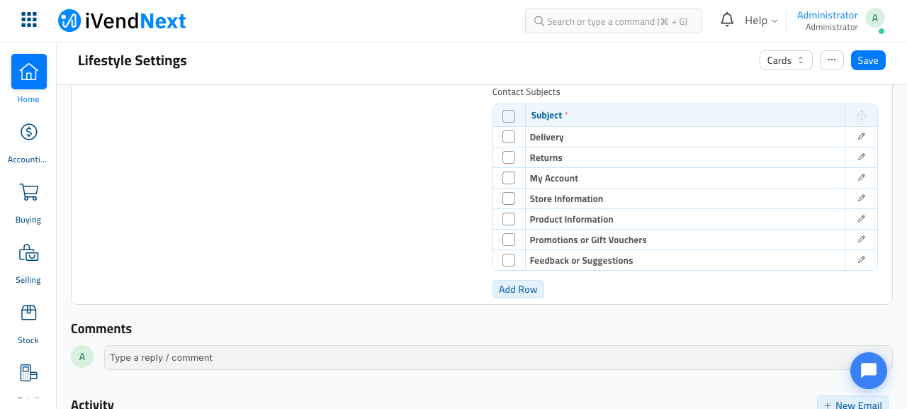 The Contact Subjects table with seven rows: Delivery, Returns, My Account, Store Information, Product Information, Promotions or Gift Vouchers, and Feedback or Suggestions, above the Add Row button