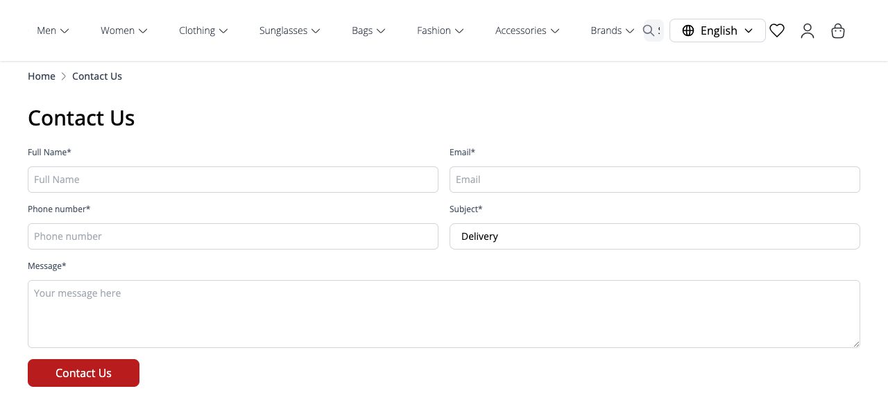 The storefront Contact Us page showing a form with Full Name, Email, Phone number, a Subject drop-down, and a Message box, under a 