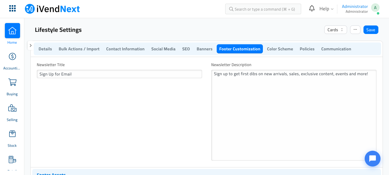 The Footer Customization tab of Lifestyle Settings, showing the Newsletter Title field set to 