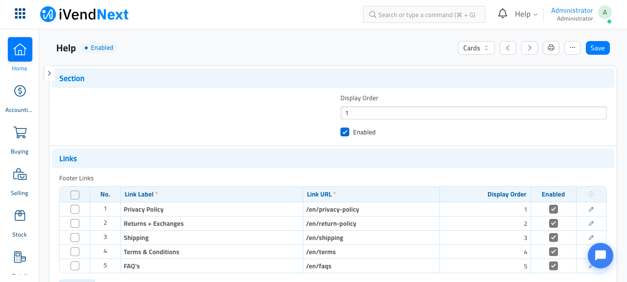A Footer Section Config record titled 