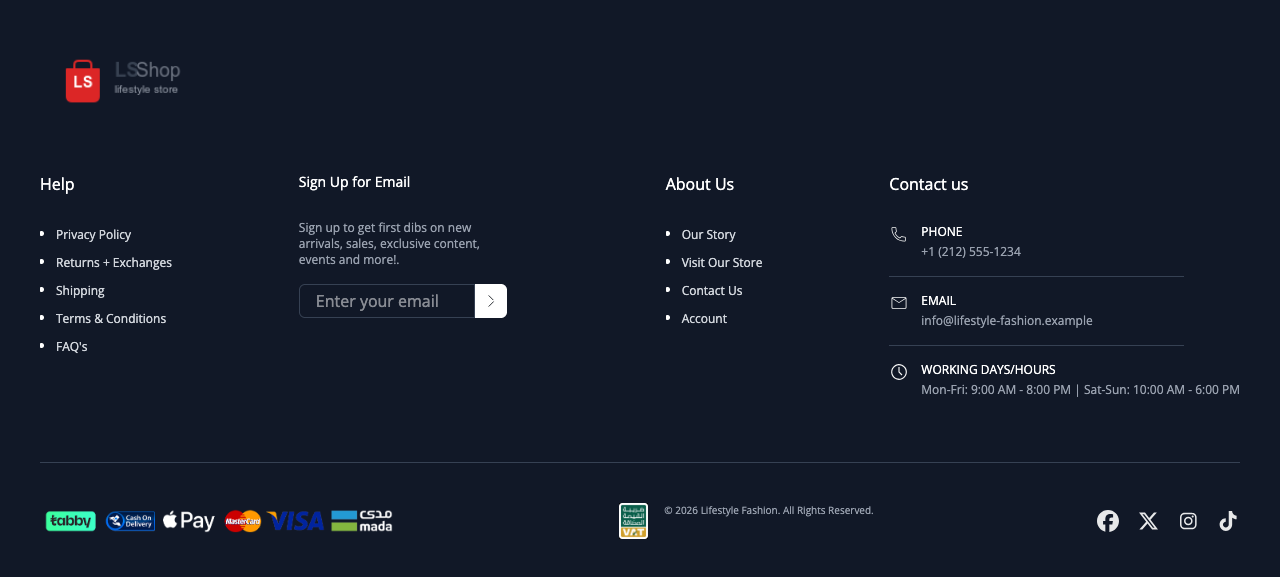 The live storefront footer showing four columns — a Help links column, a 
