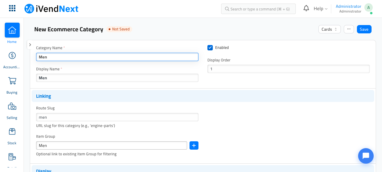 A new, unsaved Ecommerce Category record showing the required Category Name 