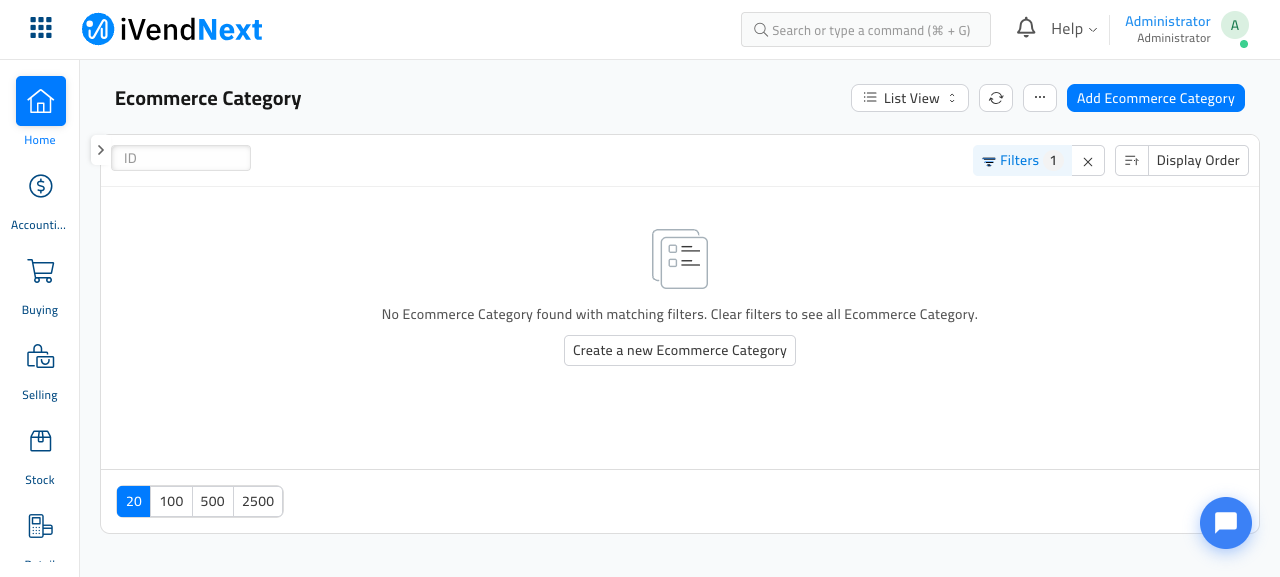 The Ecommerce Category list on a fresh store, empty, showing a placeholder illustration and a 