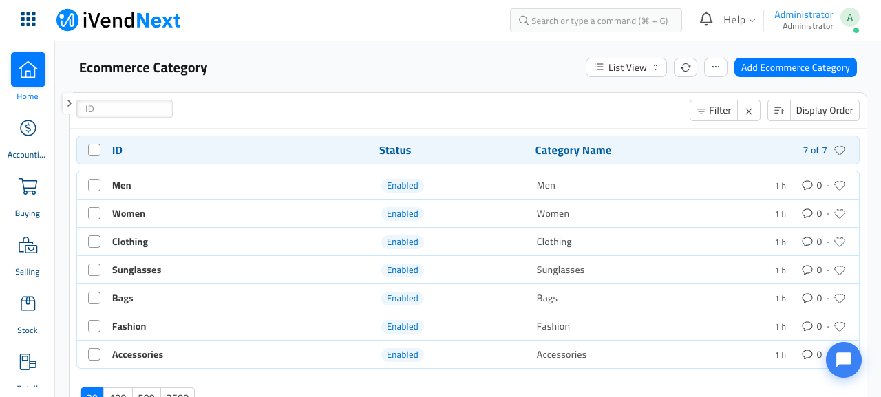 The Ecommerce Category list with seven categories — Men, Women, Clothing, Sunglasses, Bags, Fashion and Accessories — each marked Enabled