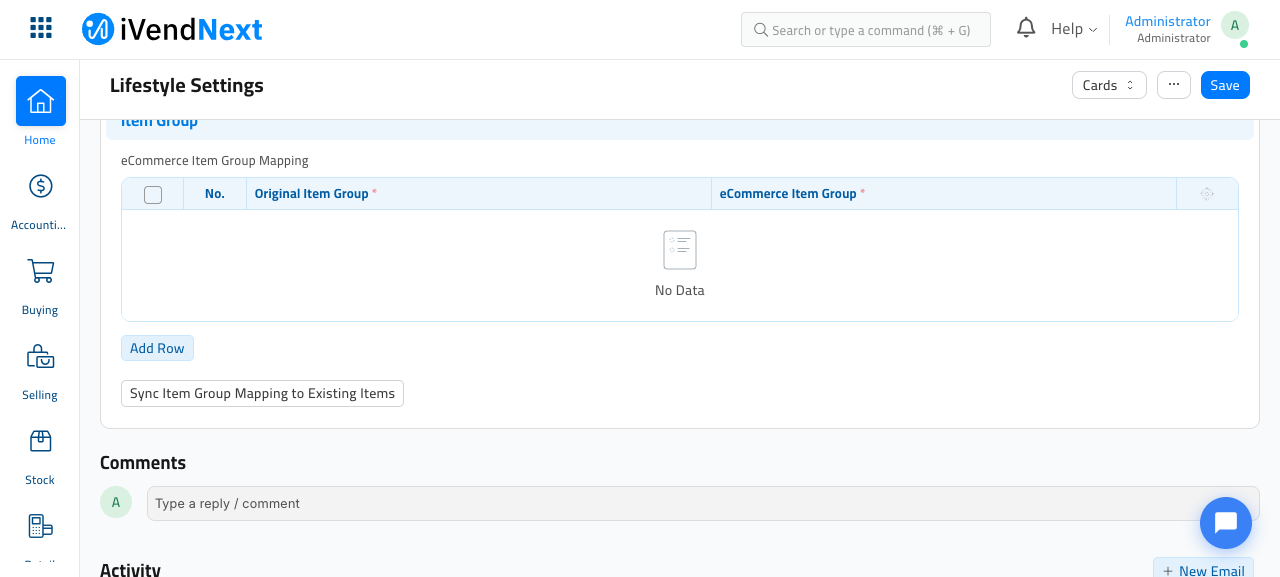 The eCommerce Item Group Mapping table on the Bulk Actions / Import tab, with columns Original Item Group and eCommerce Item Group, an Add Row button, and a 