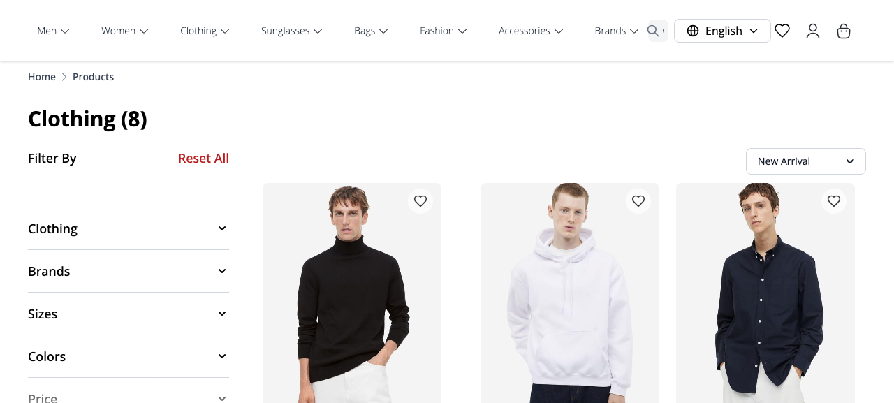 The Clothing category listing page titled 
