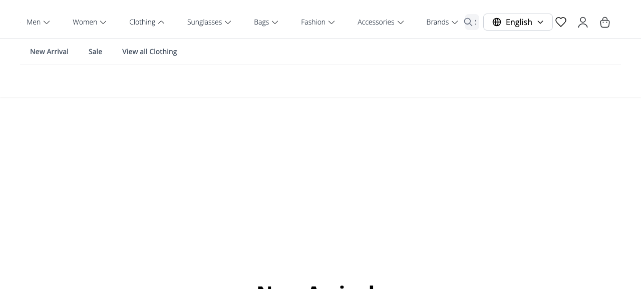 The Clothing menu expanded, showing a drop-down with New Arrival, Sale, and View all Clothing links