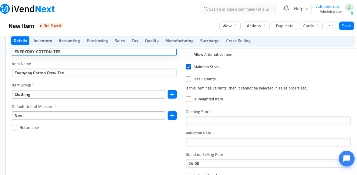 The new‑product Details tab with Item Code, Item Name (Everyday Cotton Crew Tee), Item Group set to Clothing, Default Unit of Measure Nos, and Standard Selling Rate 24.00