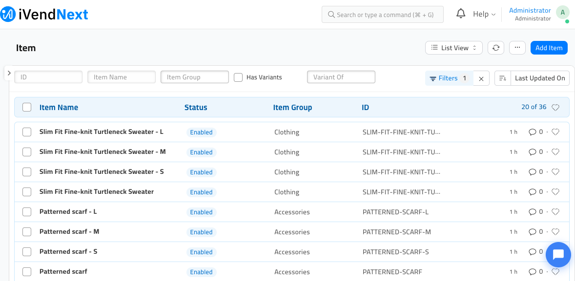 The product list in the admin, showing several products with their name, an Enabled status, their category and their ID, plus the blue Add Item button top‑right