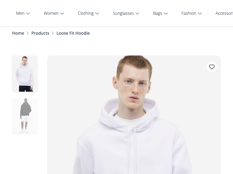 A live product page on the storefront showing the breadcrumb Home › Products › Loose Fit Hoodie, a thumbnail gallery, and the main product photo