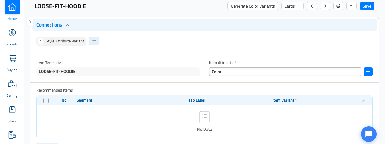 The Style Attribute Configurator form with Item Template set to LOOSE-FIT-HOODIE and Item Attribute set to Color, showing the Generate Color Variants button at the top right and an empty Recommended Items table
